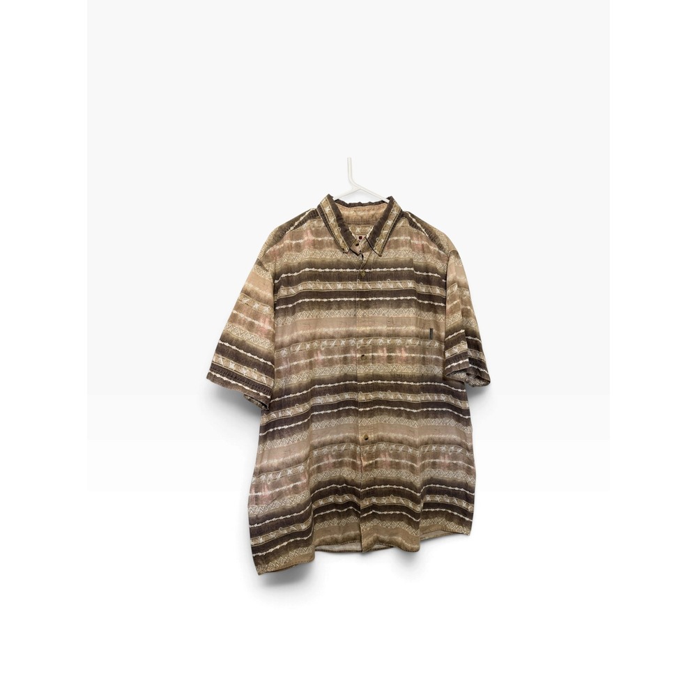 Woolrich Mens XL Brown Striped Fly Fishing Lure Short Sleeve Button Shirt